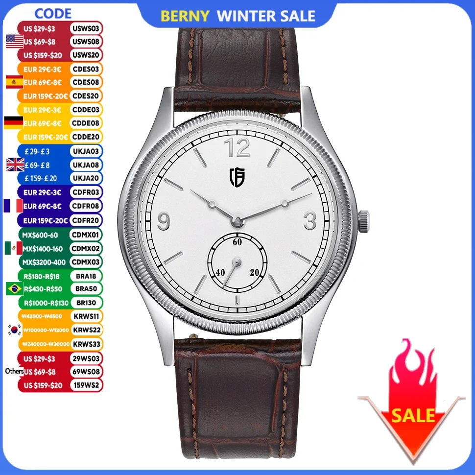 BERNY Horloges voor Mannen Ultradunne Eenvoudige Gemakkelijk Lezen 38mm Quartz Man Horloge Lederen Band Paar heren Stijlvolle Jurk Horloge