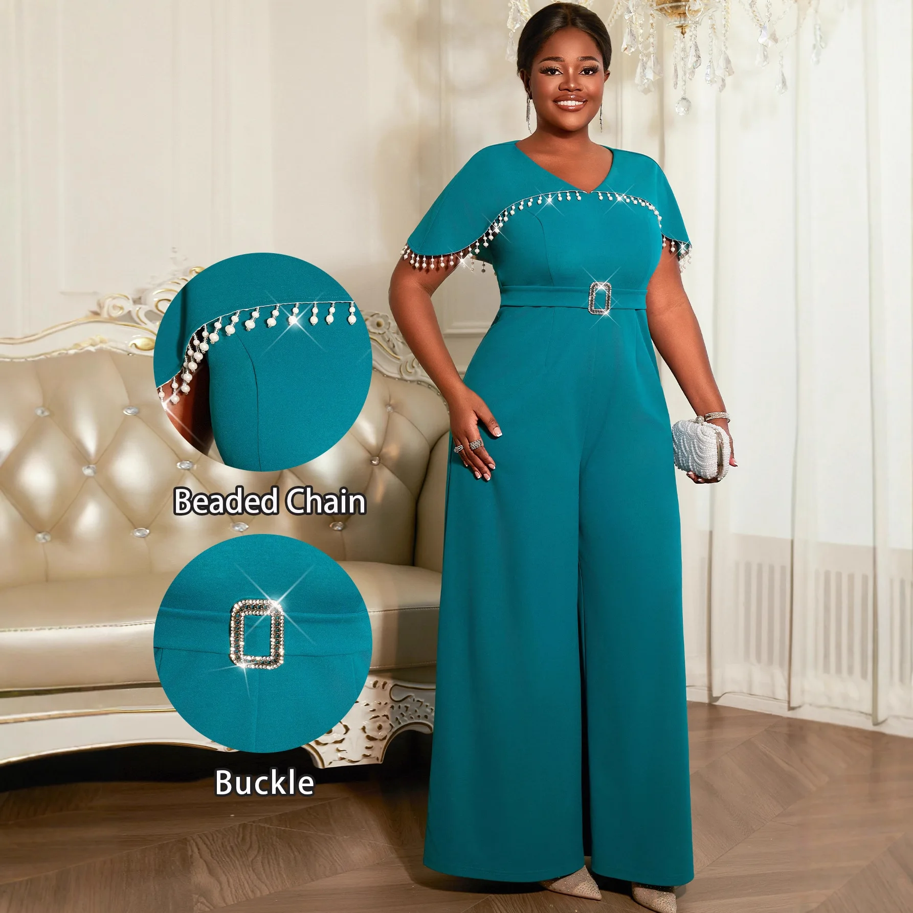 

Plus Size Women's Pearl Beaded V-neck Short Sleeve Wide-leg Jumpsuit Elegant Fashion Office Lady Pants Dress Elegantes