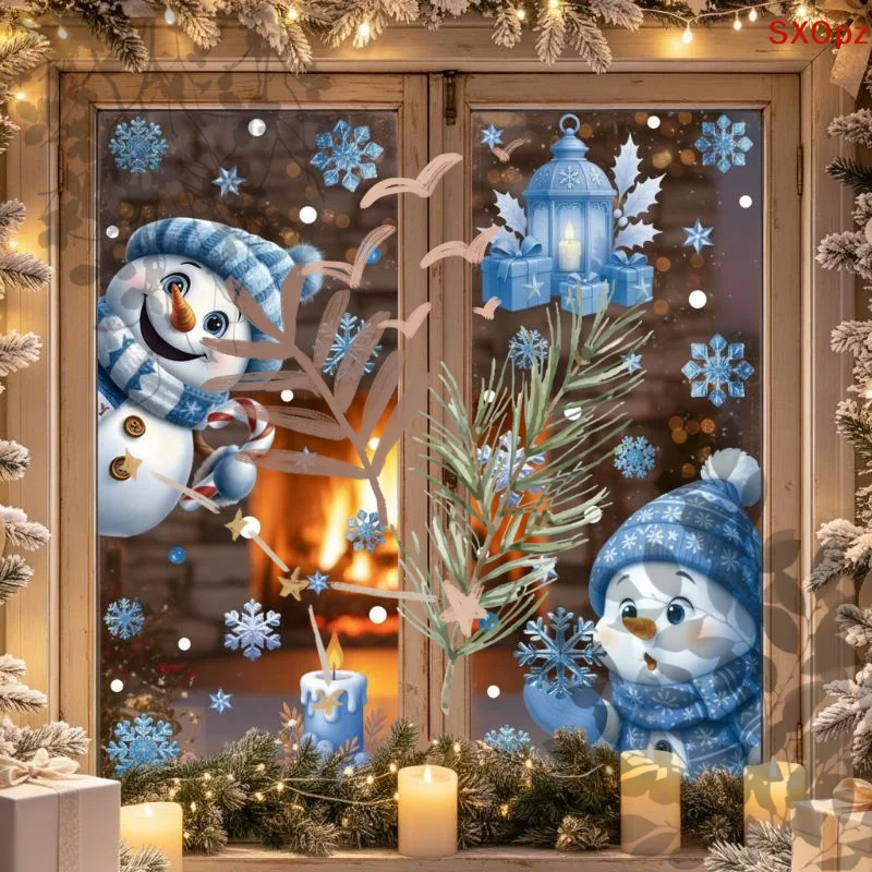 1/2 Sheets Cartoon Snowman Snowflake: Santa Claus Christmas Window Wall Sticker Self-adhesive New Year