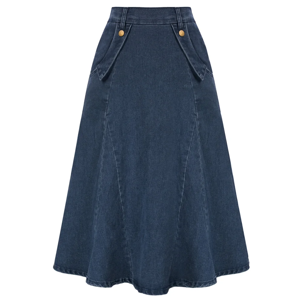 

BP Women Vintage Jean Skirt Elastic High Waist Flared A-Line Midi Skirt Temperament elegant Streetwear denim Skirts