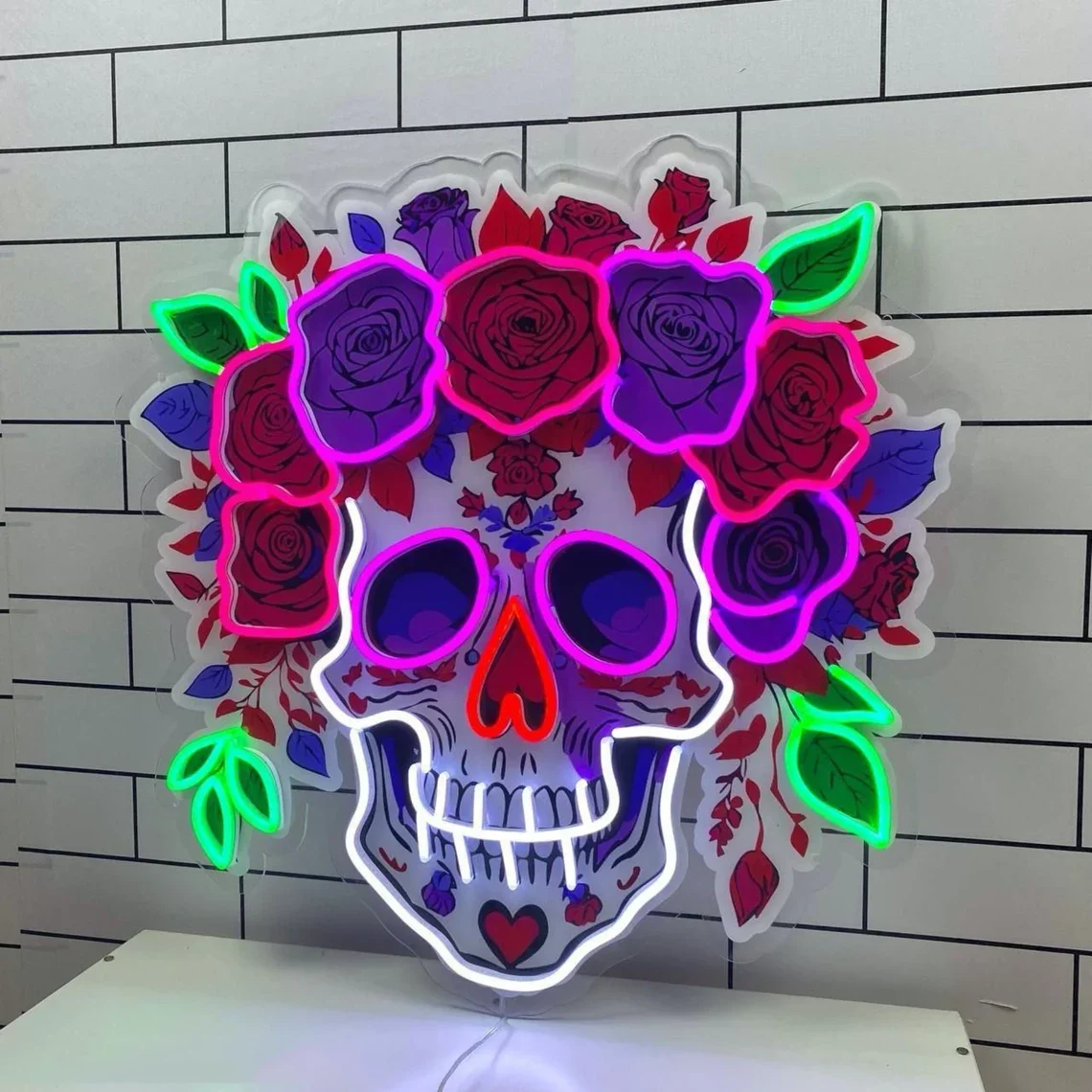 Skull Flower UV Print Neon Sign, Floral Sugar Skull Neon Sign, Skull Wall Decor, Skull Lover, Gifts For Her