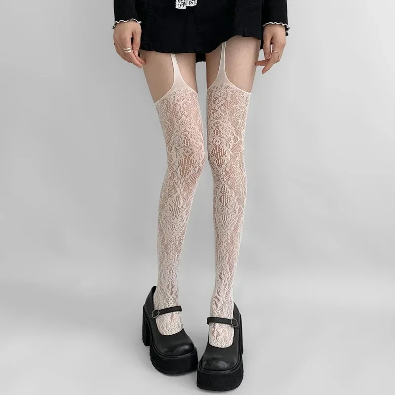 Anime Hot Girl Strumpfhalter-Socken Weibliche Y2K-Subkultur Weiße Spitzen-Jacquard-Strümpfe Damen Sexy Durchbrochene Netzstrümpfe Overknee-Socken