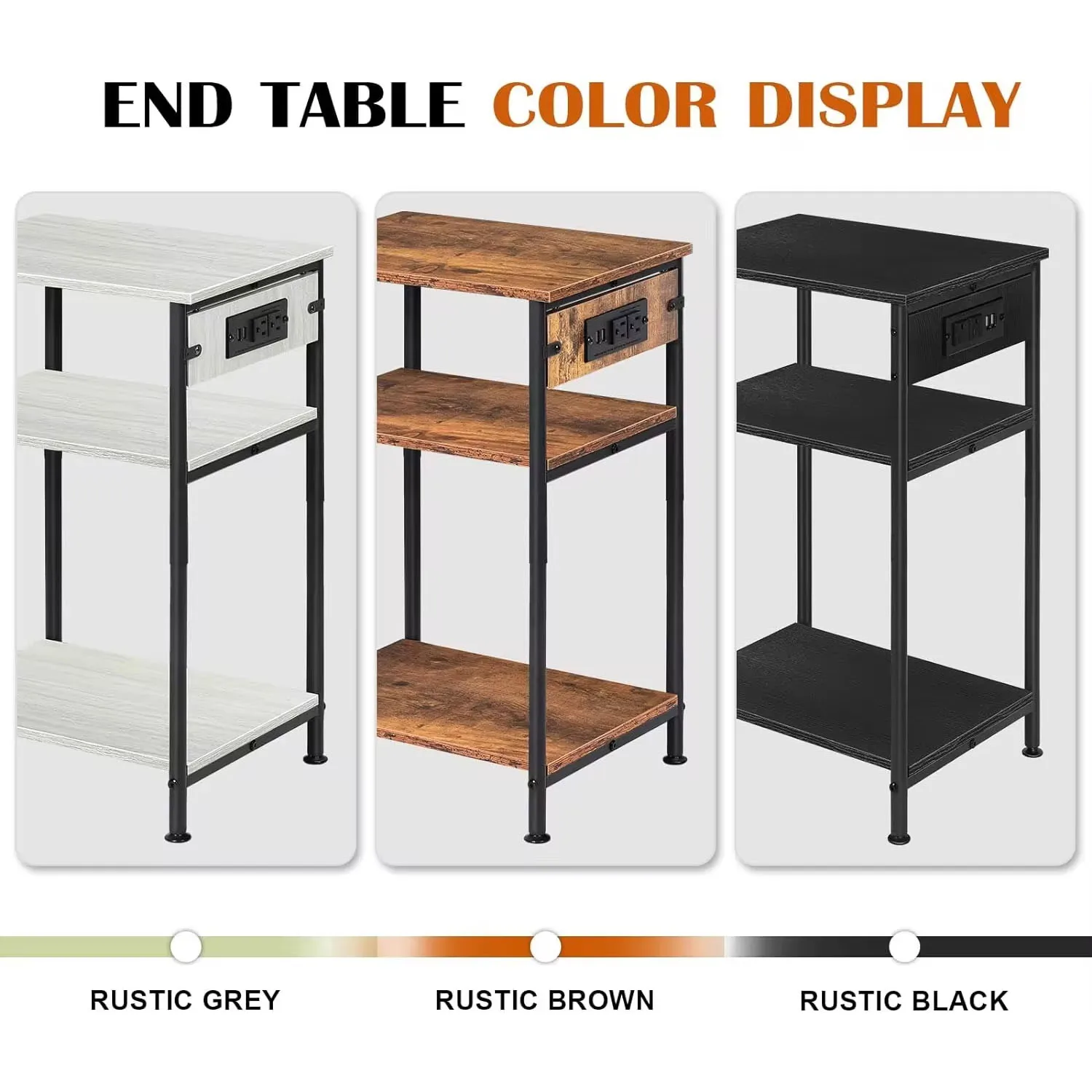 Nightstand with Charging Station,3 Tier Black Nightstand End Table with Storage Shelf,Narrow Side Table with USB Ports