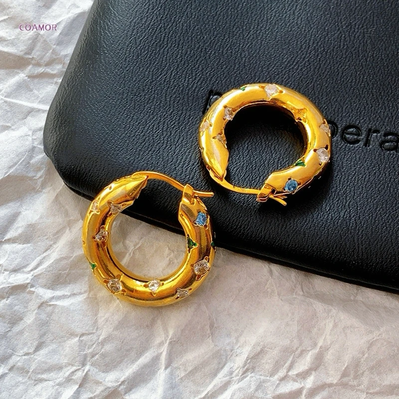 Light Luxury Temperament Colorful Diamond Circle Earrings For Women 24K Gold AU999, Exquisite Solid Gold Women Jewelry