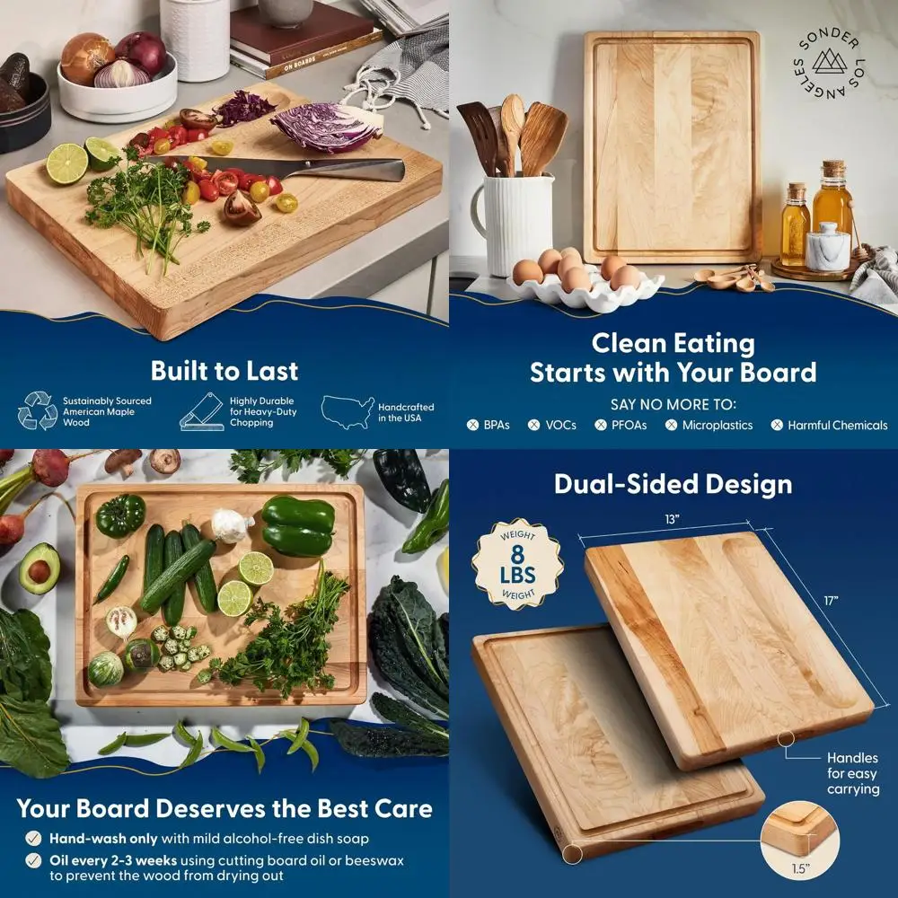 

American-Made Large Thick Maple Wood Kitchen Cutting Board with Juice Groove, Sorting Compartment & Charcuterie, 17x13x1.5 in, G