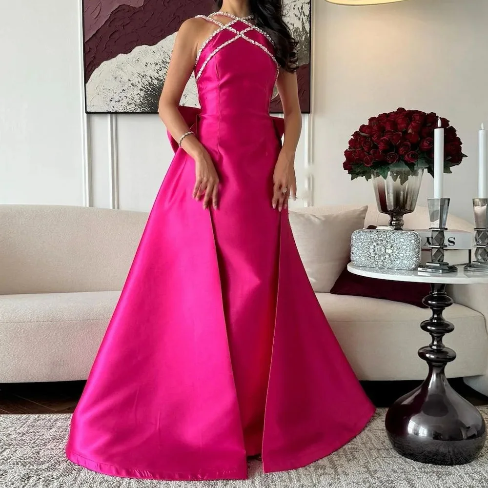 Temperament Halter Pleats Crystal Bow Panel Train Evening Dresses Graceful A-Line Satin Party Gowns فساتين سهره نسائيه فخمة