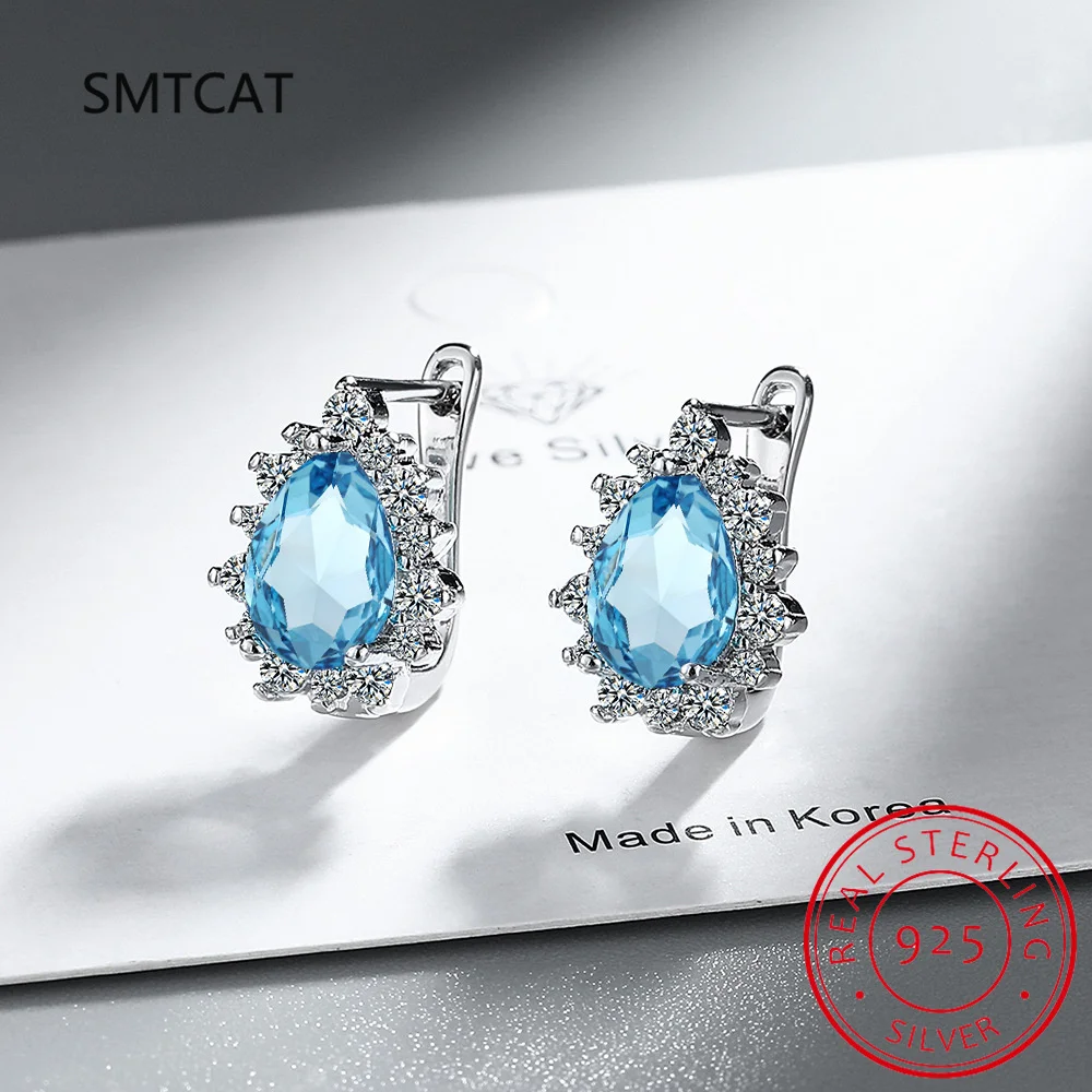 Gruszka prawdziwy naturalny niebieski topaz 925 srebro kolczyki koła w kształcie kropli wody dla kobiet modne oświadczenie biżuteria z kamieniami szlachetnymi