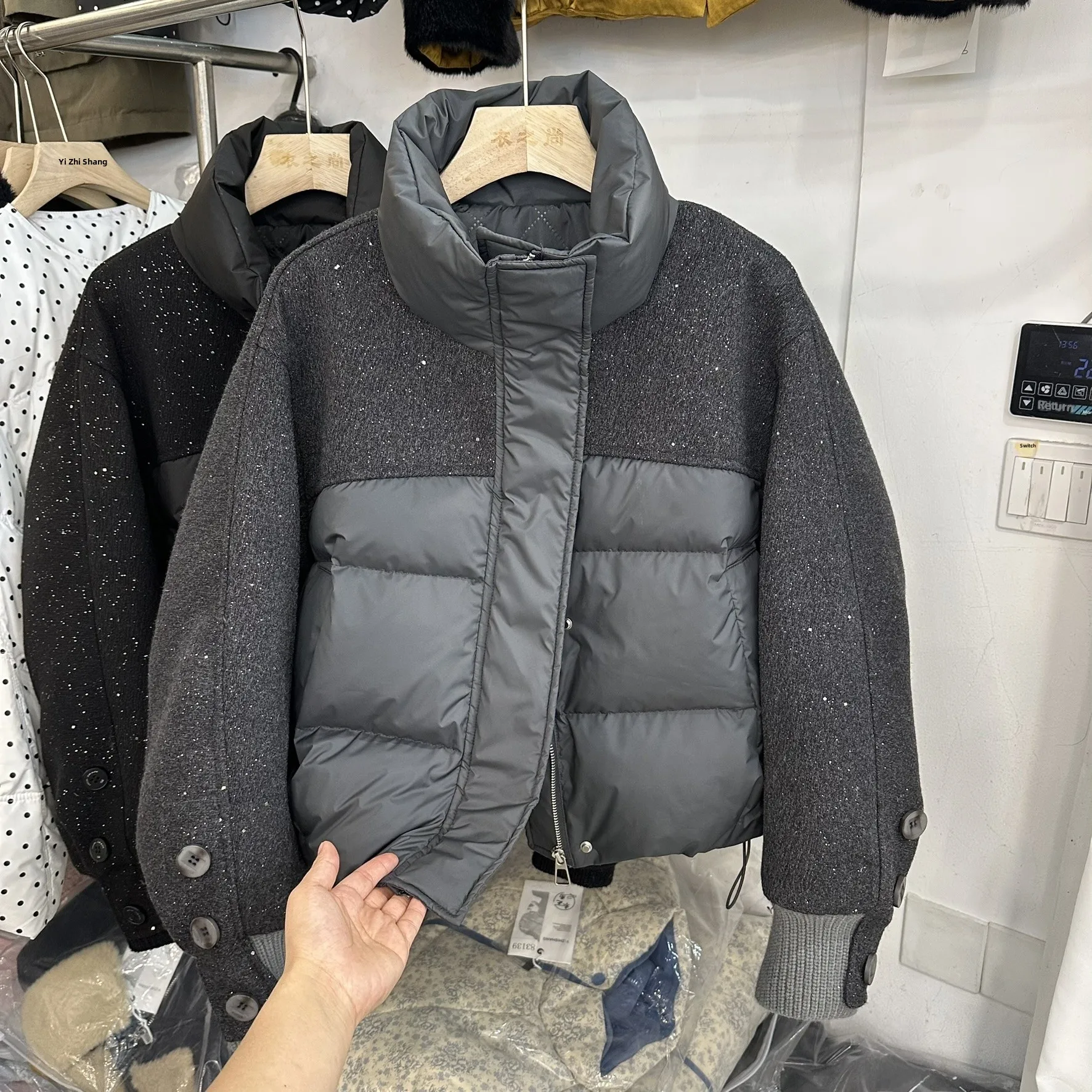 

Женская зимняя куртка Tianxing с пайетками и клетчатым шерстяным пэчворком, новый дизайн, теплая, утолщенная, с длинными рукавами