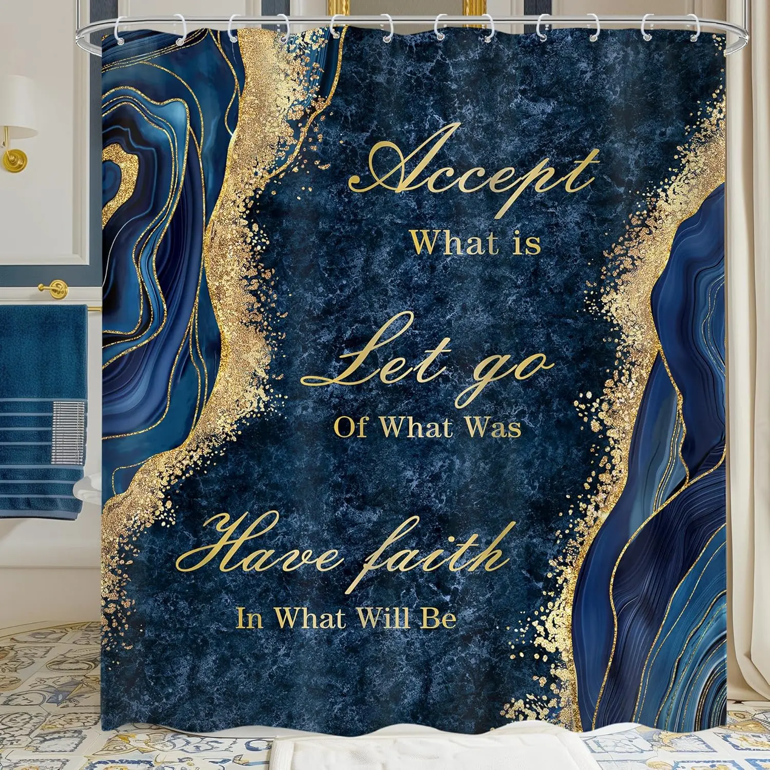 

Navy Blue Marble Shower Curtain Inspirational Quotes Abstract Gold Veins Modern Luxury Aesthetic Fluid Ink Texture Waterproof
