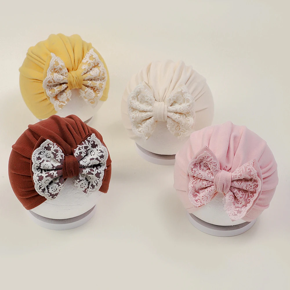 Turbante bordado de encaje para bebé, gorros para bebés, gorros con lazo de algodón para recién nacidos, accesorios para el cabello para bebés, niñas y niños