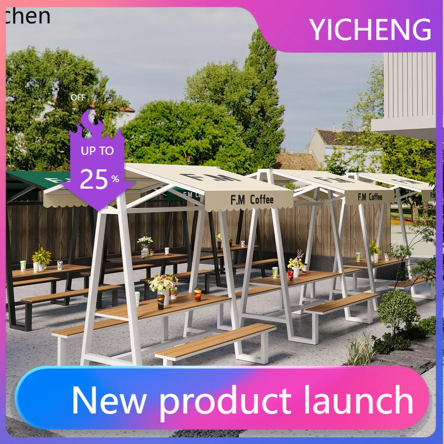 LYY Outdoor Scenic Area Market Rest Dining Table and Chair Set with Canopy for Open-Air Coffee Shop Outdoor Display