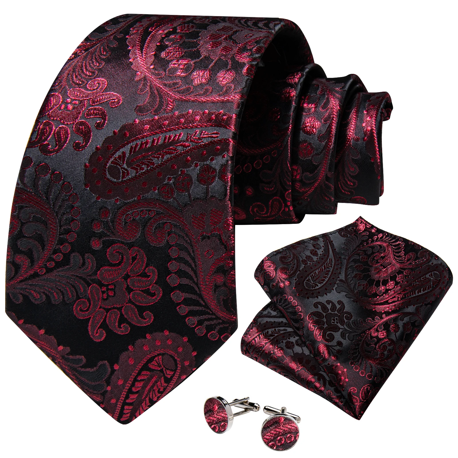 

2023 New Luxury Silk Ties for Men 8cm Red Paisley Wedding Party Formal Accessories Necktie Handkerchief Cufflinks Gift Wholesale