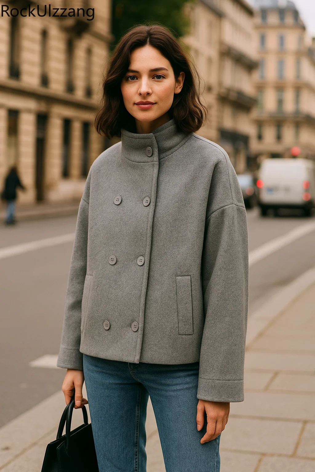 

Women Wool Blend Short Coat 2025 Minimalist High Neck Double Breasted Jacket Loose Fit Casual Outerwear Winter