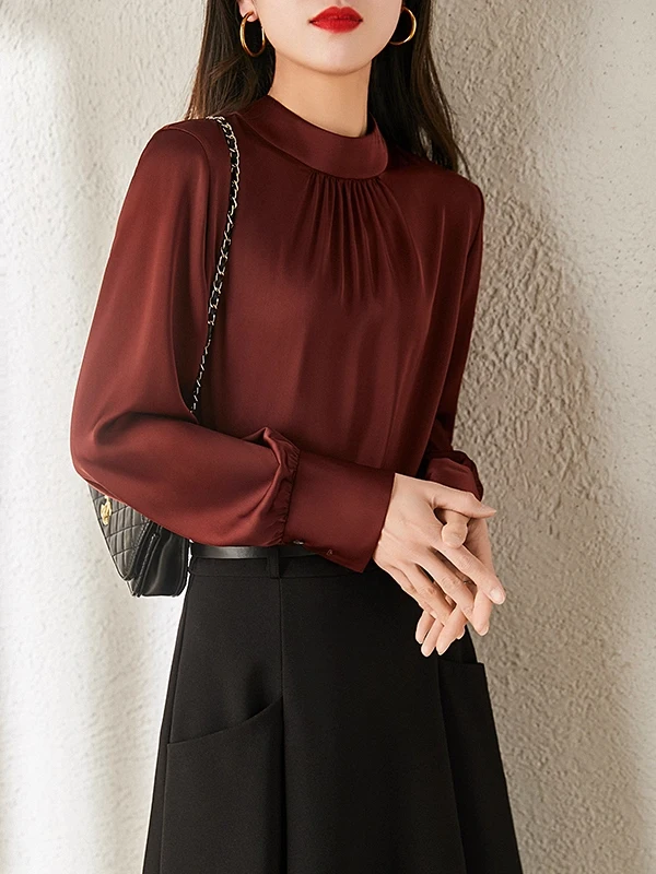 

e Vintage Silk Satin Ribbon f High Collar irt Women Commute Elegance Top Autumn Season Long Sve Straight Cut