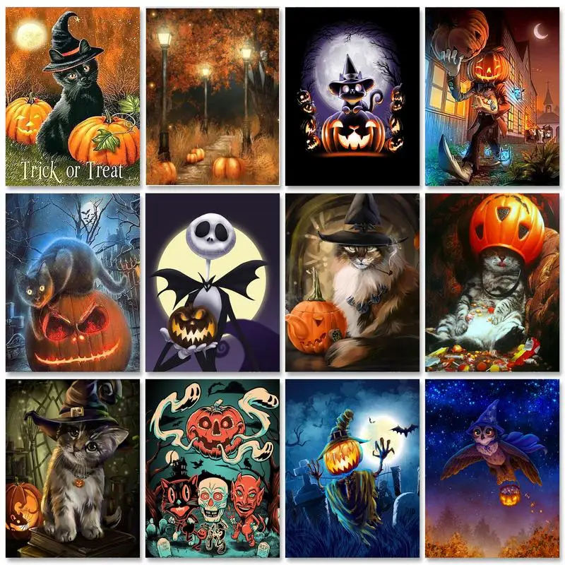 

GATYZTORY 5D Diamond Painting Kits Frame Handiwork Cross Stitch Pumpkin Head Mosaic Paint Halloween Decoration Gift Black Cat