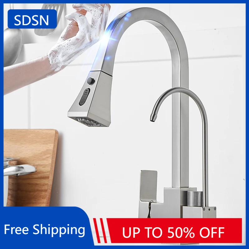 

Square Touch Filter Kitchen Sink Faucet Tap 3 Ways Pure Water Hot Cold Kitchen Sink Mixer Tap Touch on Pull Out Kitchen Faucets