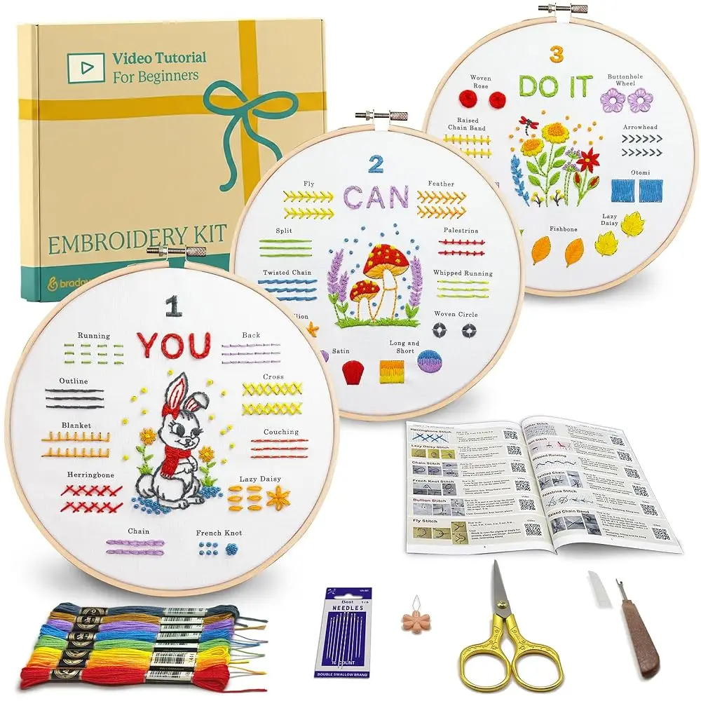 

Embroidery Kit for Beginners, Learn to Embroider Top 29 Stitches and Cute Patterns with Video Tutorial and Instruction Bookl