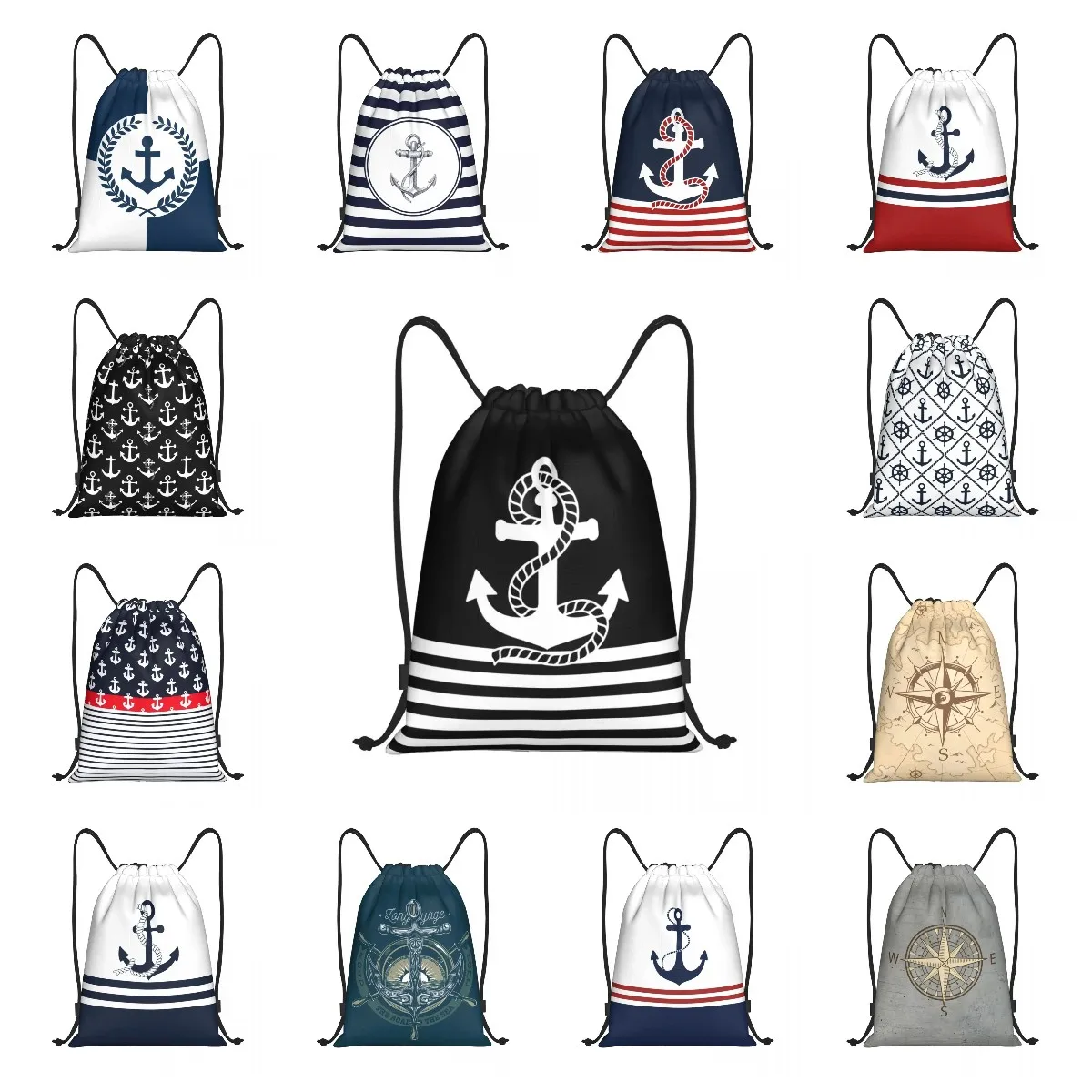 Custom Black White Nautical Stripes And Anchor Drawstring Backpack Sports Gym Bag for Men Women Sailing Sailor Training Sackpack