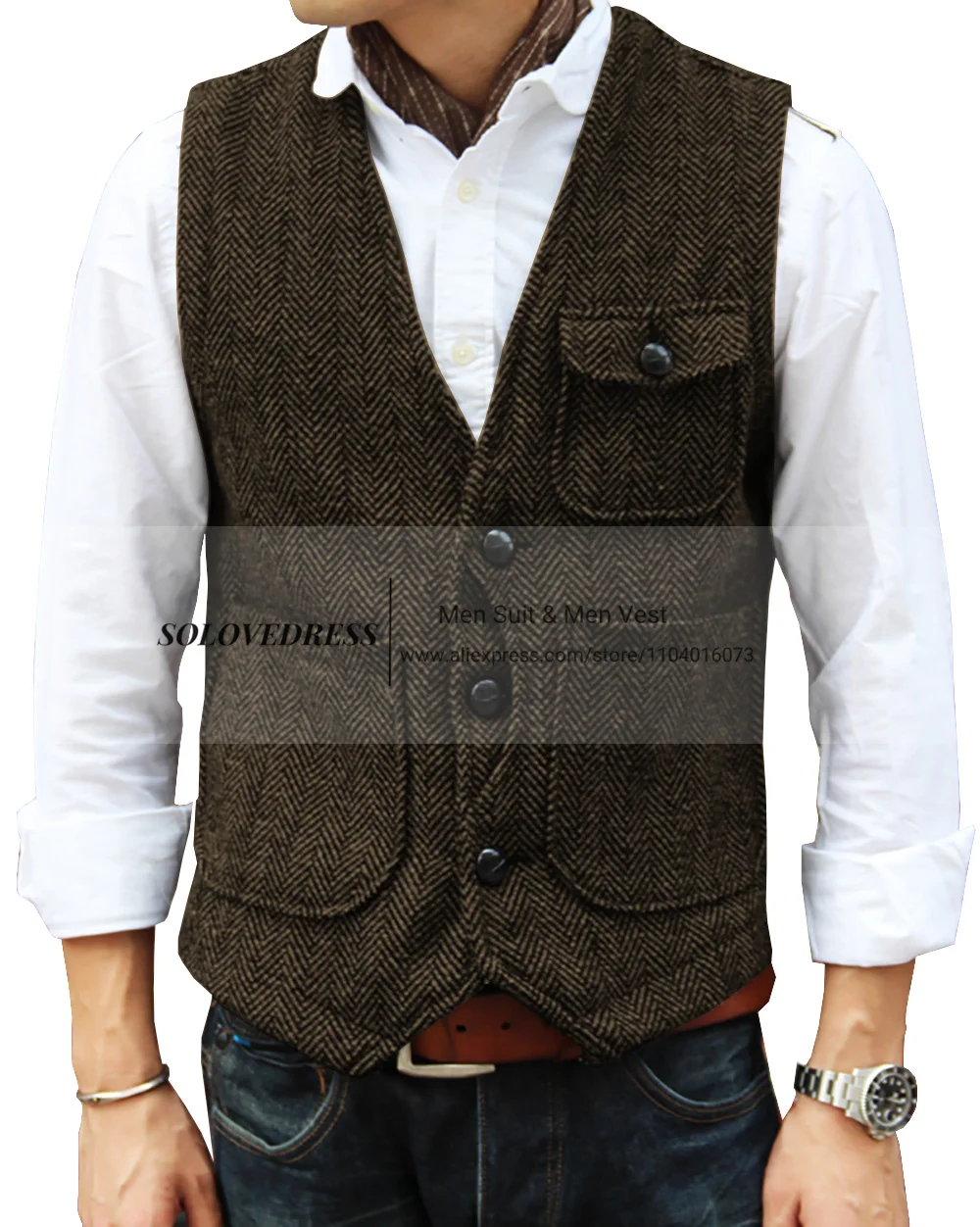 2024 Men\'s Formal Business Suit Vests Wool Slim Fit Single Breasted Herringbone Tweed Western Waistcoat For Wedding