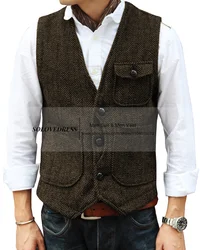 2024 Men's Formal Business Suit Vests Wool Slim Fit Single Breasted Herringbone Tweed Western Waistcoat For Wedding