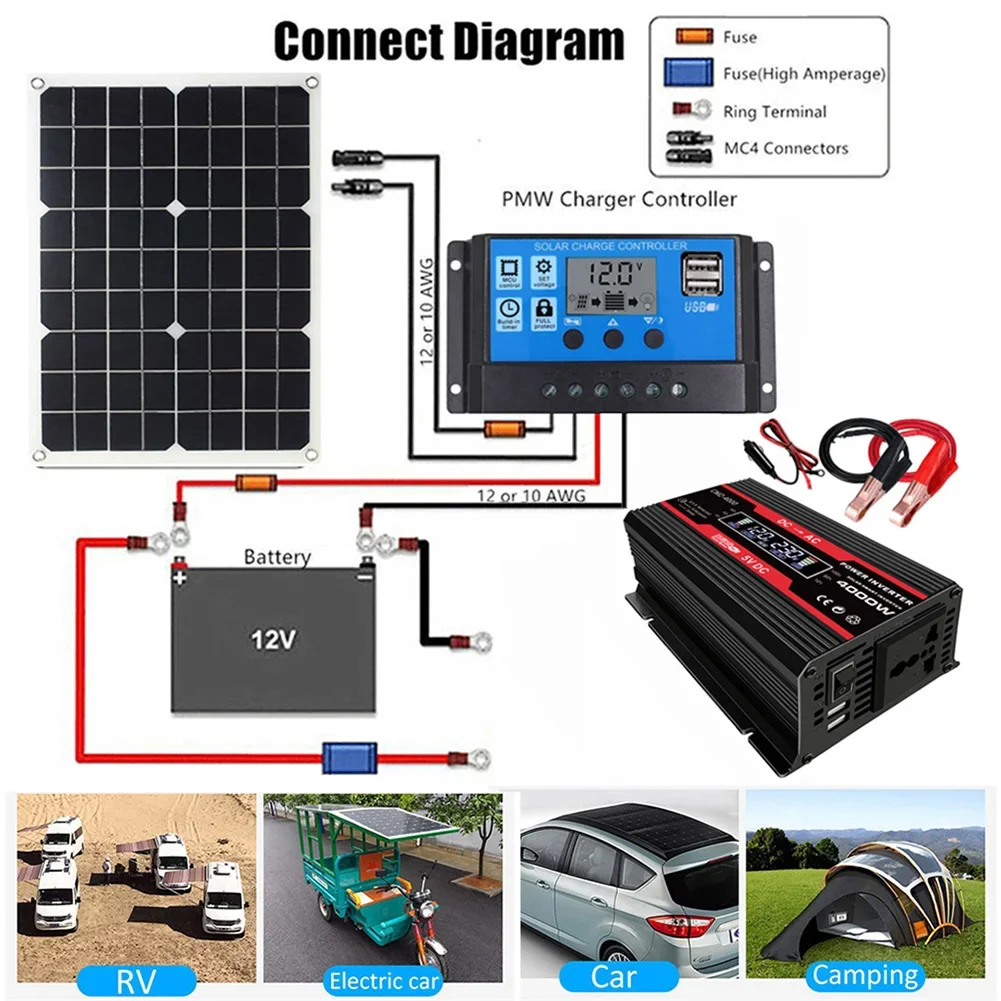 4000W Solar Power Inverter DC 12V to AC 110V/220V Modified Pure Sine Wave Charge Converter Voltage Transformer Car Adapter