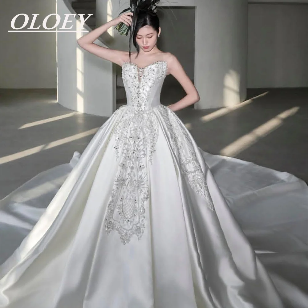 

OLOEY Luxury Crystals Applique A-Line Wedding Dress Sweetheart Neck Mikado Princess Bridal Gown Robe De Maries Customized Corset