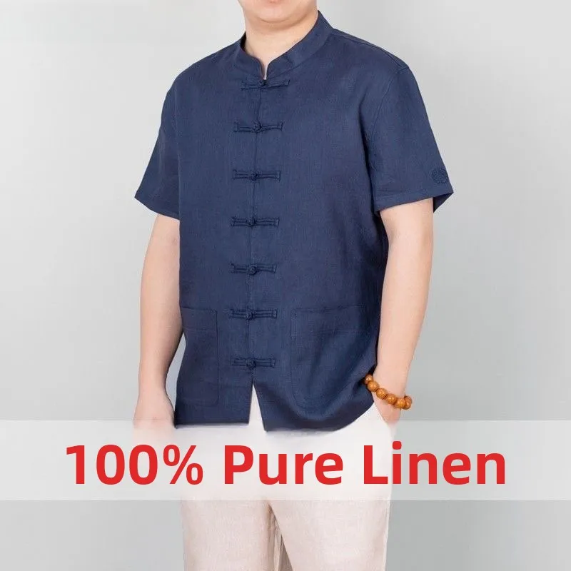 

Pure Linen ort Sve Повседневный легкий летний топ свободного покроя Hanfu для мужчин, большой размер, костюм Тан, верхняя часть тела