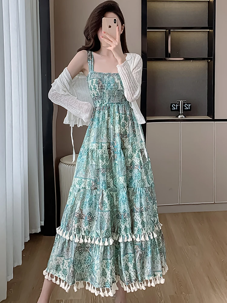 Women Green Print Tassel Chic Sling Long Dress+White Knitted Cardigan Two Piece Sets 2024 Summer New Korean Elegant Dress Suits