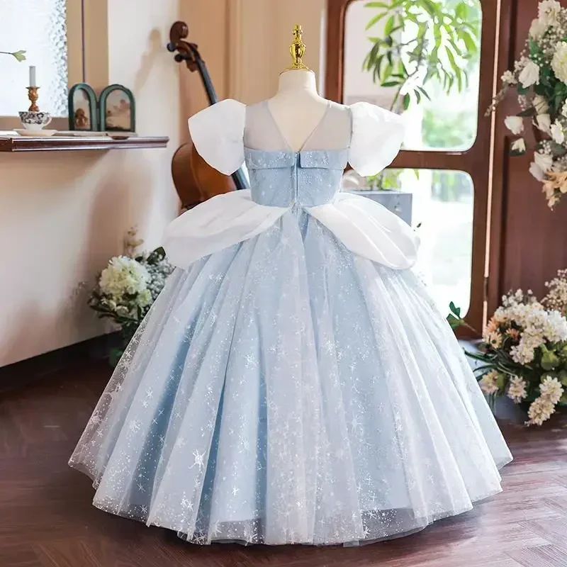 Elegant Princess Star Sequined Dress Girls Kids Evening Blue Ball Gowns Children Matching Clothes Formal Costumes Party Outfit