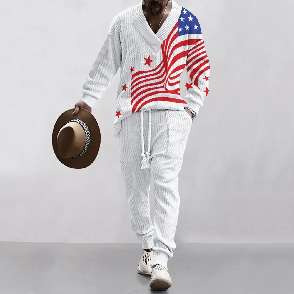 American technology print regular jacquard loose American Flag men's V-neck casual long sleeve pants suit