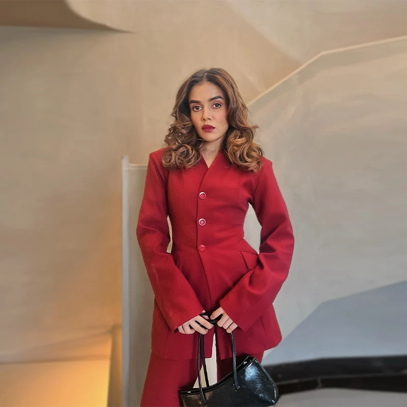 

Fitted Office Lady Suit Single Breasted Long Sleeve Blazer Long Straight Pants 2 Piece Set 2025 Autumn Sharp Sleek Commuter Sets