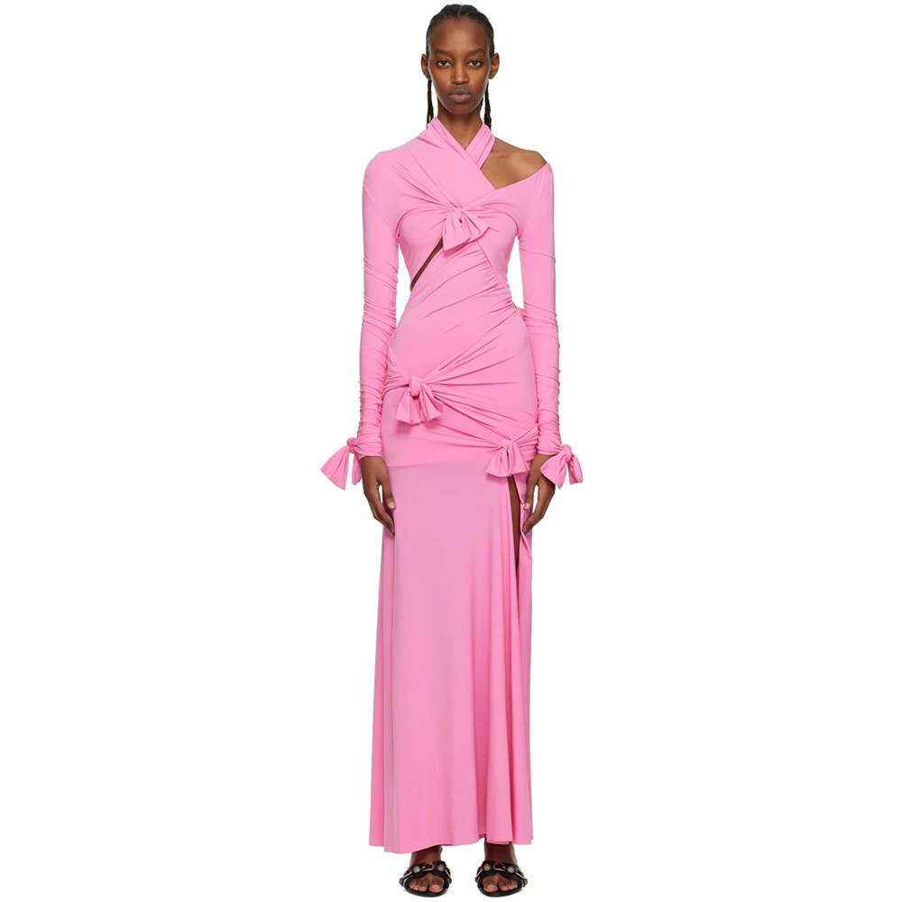 

Chic Dresses for Special Occasions Spandex Sheath/Column Formal Evening Dress Pink High Collar Bows Pleat Party Dress Maxi 2025
