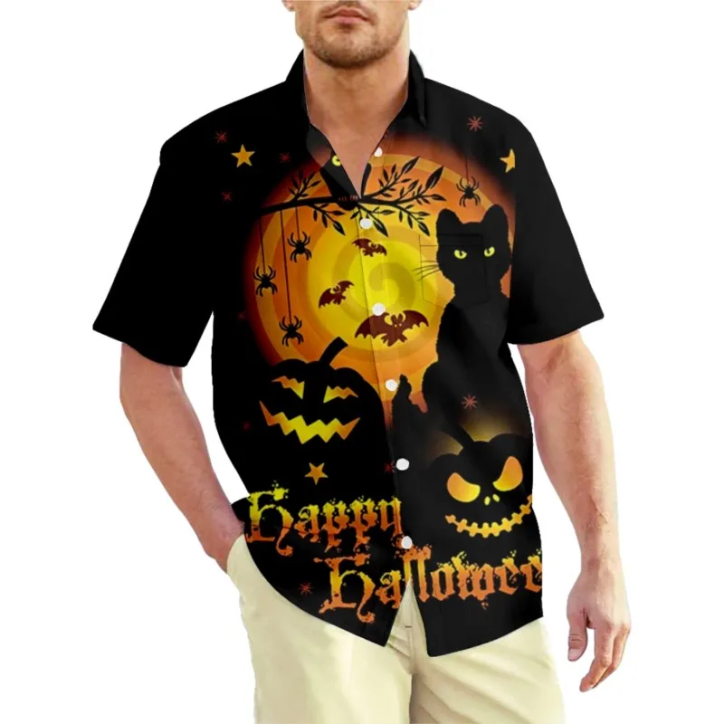 

Men's Halloween Pumpkins Ghost Print Summer Shirt Casual Hawaiian Short Sleeve Streetwear Beach Clothing