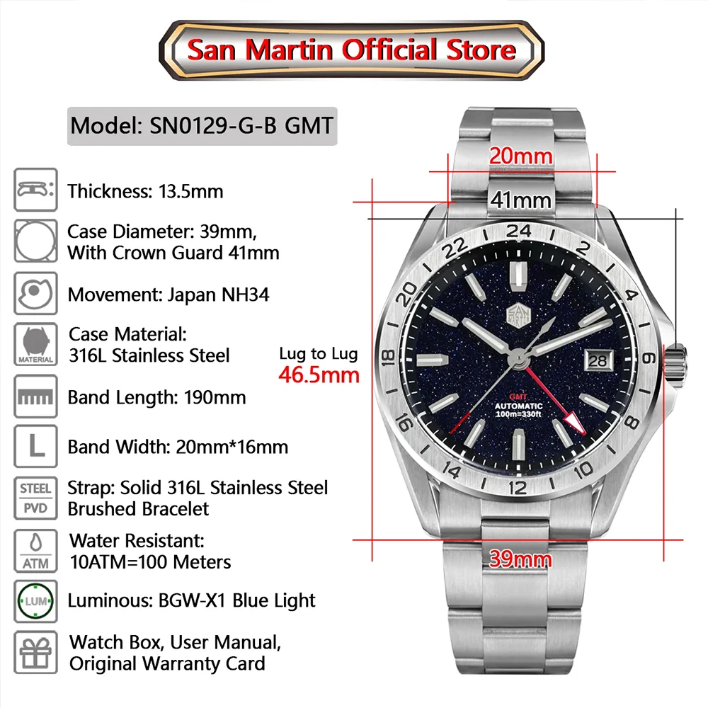 San Martin Original 39mm GMT Aventurine Gemstone Dial Luxury Men\'s Automatic Mechanical Watch NH34 Sapphire Waterproof Luminous