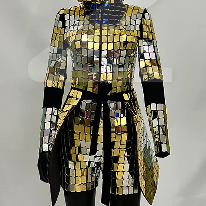 

Gold Silver Mirrors Long Jacket Men Women Lens Pole Dance Clothes Bar Show Suit Stage Festival Outfit Sexy Dancer Wear Costume