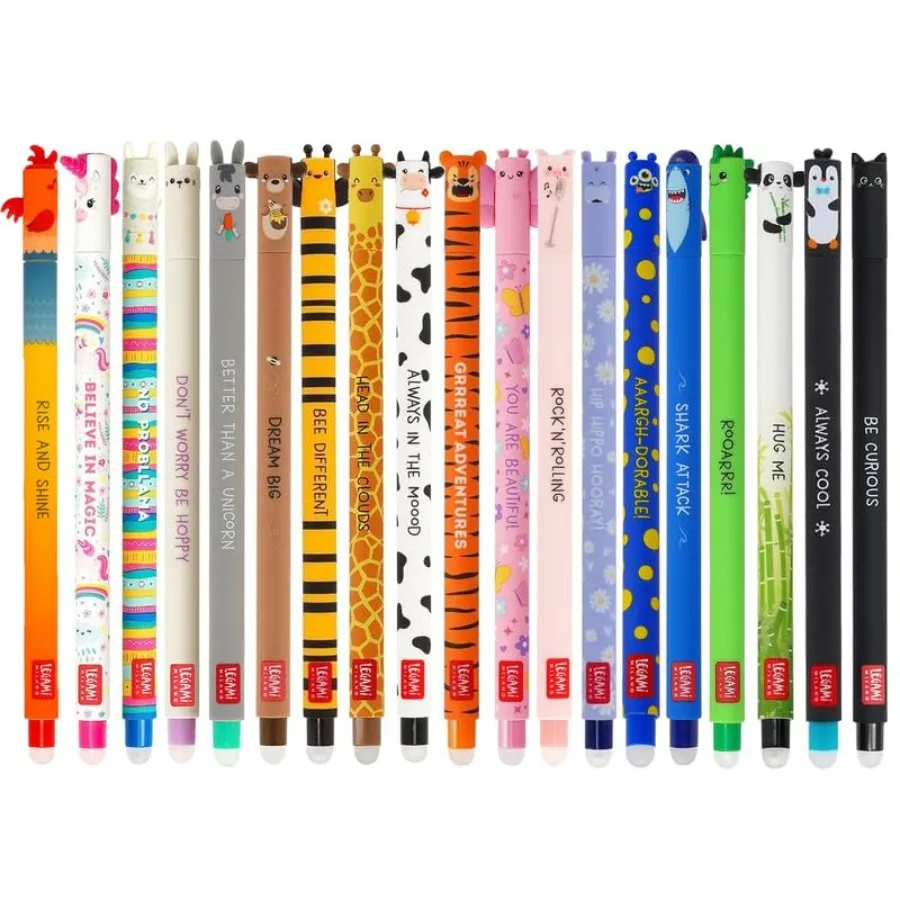

Набор из 19 стираемых гелевых ручек с термочувствительными чернилами, разнообразные цвета чернил и дизайны корпусов, толщина стержня 0,7 мм, с рисунками животных.