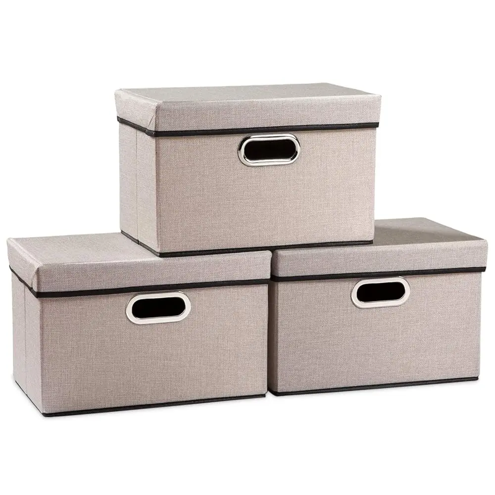 

Foldable Storage Bin With Lid [3-Pack] Linen Fabric Decorative Storage Box Organizer Container Basket Cube With Handles Divider