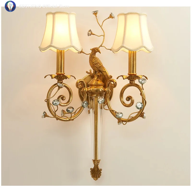 European Copper Crystal Wall Light W35cm H64cm Double Heads Wall Sconces Wall Brackets Light For Bedroom Living Room Wall Lamp