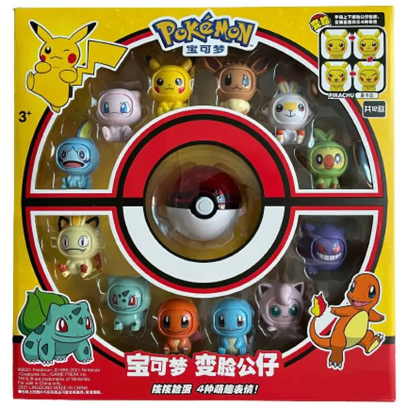 Genuine Pokemon Anime Pikachu Bulbasaur Pokeball Model Set Eevee Gengar Mewtwo Action Figure Face-Changing Doll Elf Ball Toys