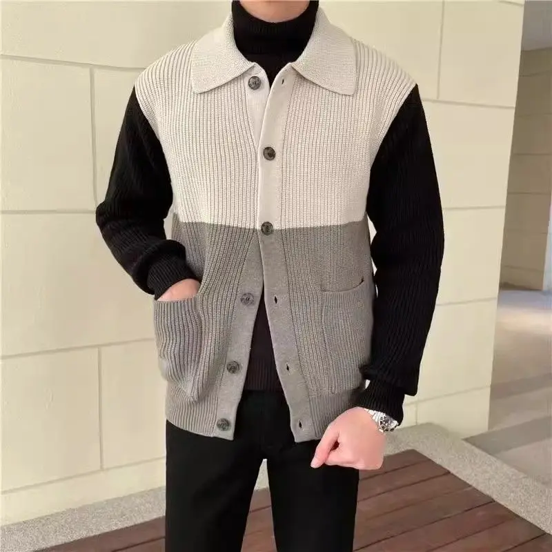 

Men's Clothing Turn-down Collar Button Lantern Long Sleeve Sweater Knitted Cardigan Coats Fashionable Casual Contrast Color Tops