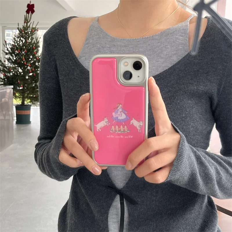 Electroplated silver frame pink countryside girl phone case suitable for iPhone 12 13 14 15 16 pro max