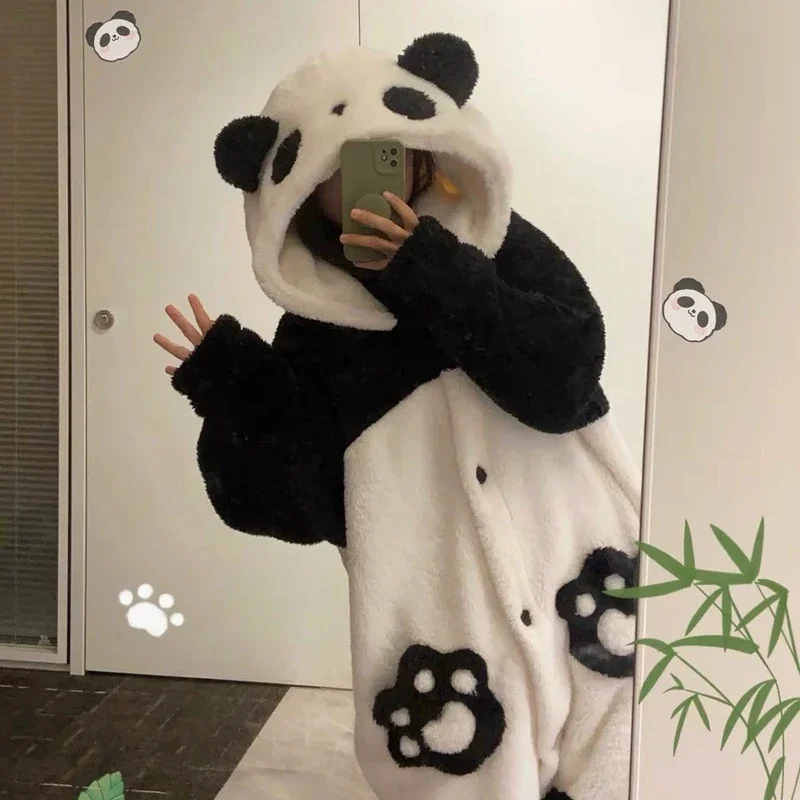 Panda Cute Hooded Women Bathrobe Autumn Winter Robes Animal Nightgown Halloween Cartoon Pajamas Robe Pants Fleece Girls Homewear