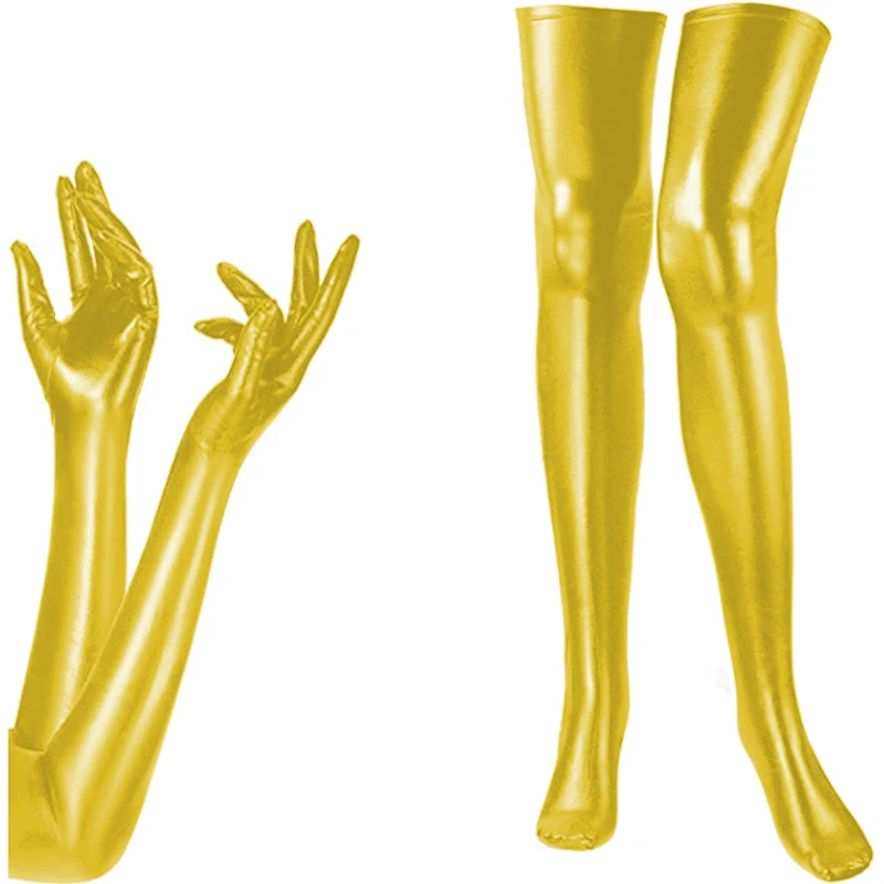 Conjunto de luvas e meias longas sexy para mulheres, cosplay exótico, acessórios de festa, luvas metálicas, meias, couro sintético, roupa de balada