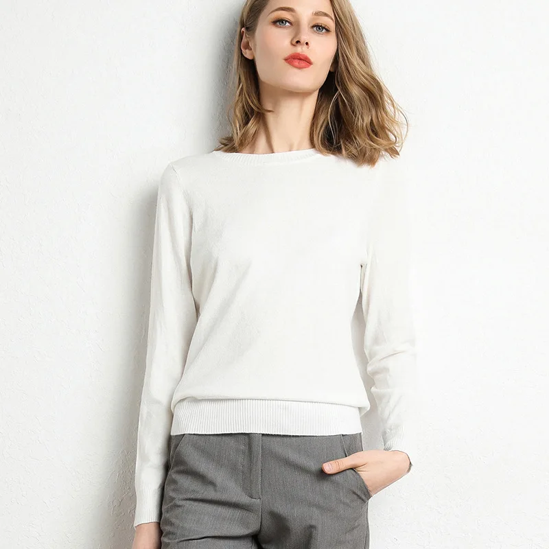 Women Slim O-Neck Pullover Cashmere Wool Blending Sweater Autumn And Winter Long-Sleeved Knit Bottoming Shirt Large Size 2024