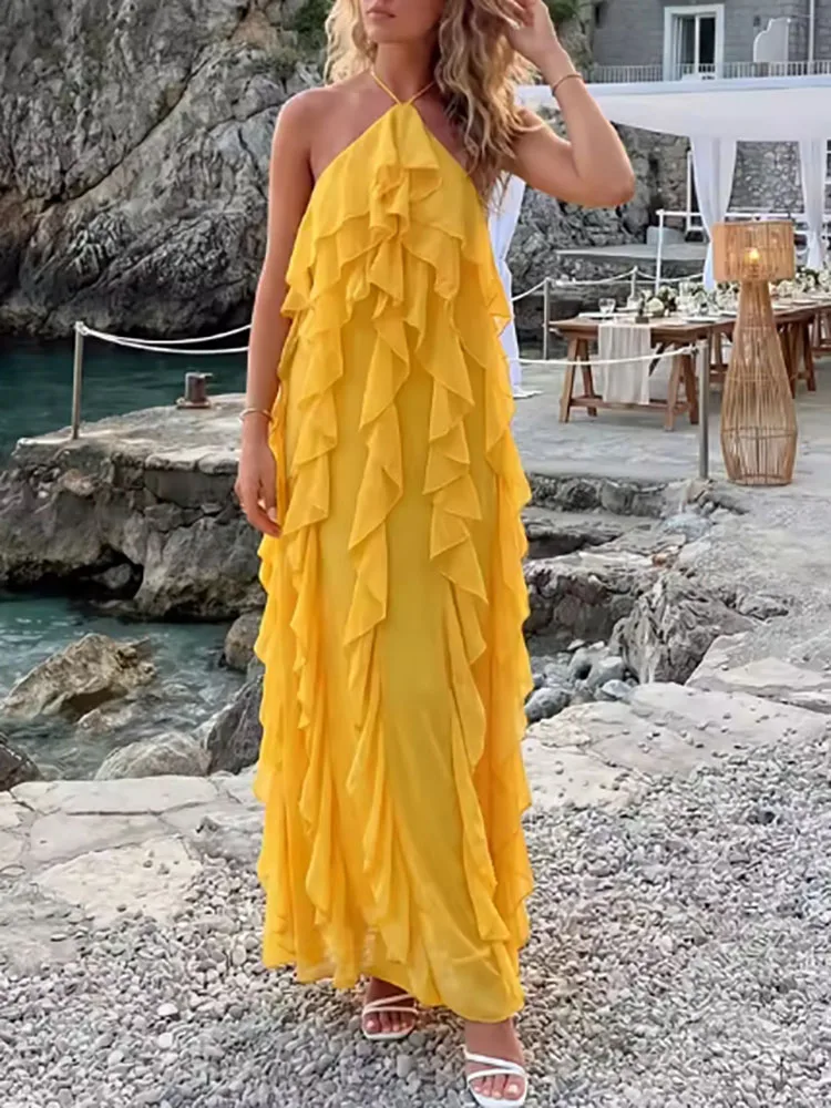 

Elegant Party Dress for Women Simple Solid Color Hanging Neck Hollow Beach Dress Summer Ruffle Edge Design Backless Long Dress