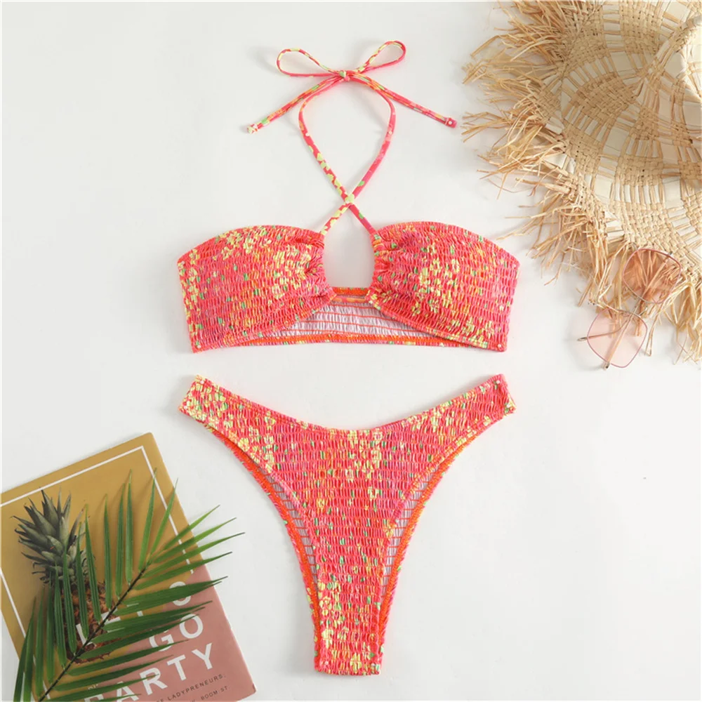 Kawaii Floral Bikini Halter String Pleated Bandeau Swimsuit Backless Vacation Swimwears Women Beach Outfits Bathing Suit Bikinis