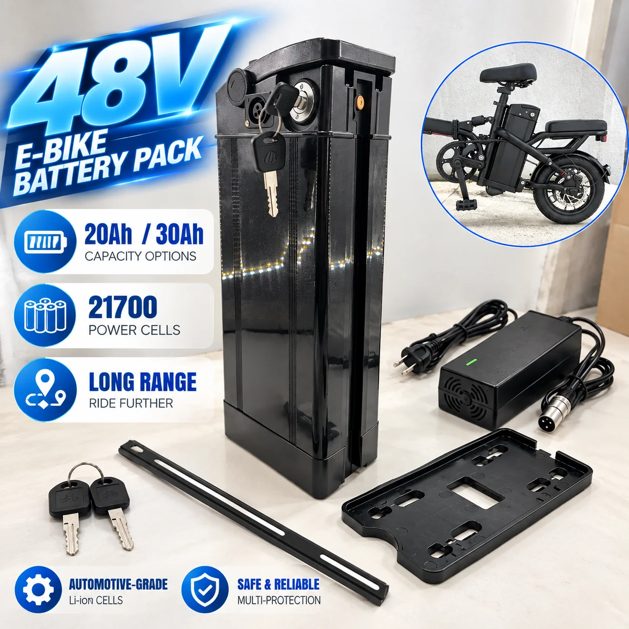 HAIBA 21700 E-Bike Battery 48V 20Ah/30Ah, Lithium Ion Battery Pack with BMS and 54.6V Charger for Electric Bicycles