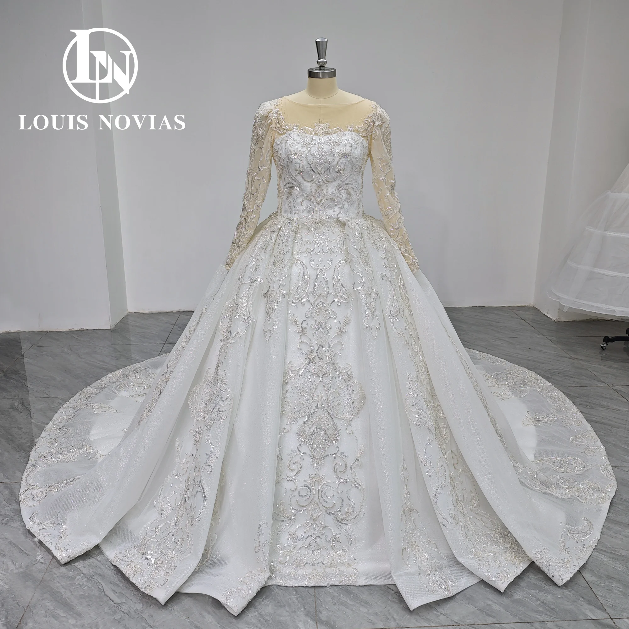 LOUIS NOVIAS Ball Gown Wedding Dress Real Photos 2024 Long Sleeve Invisible Neckline Embroidery Wedding Gown Vestidos De Novia