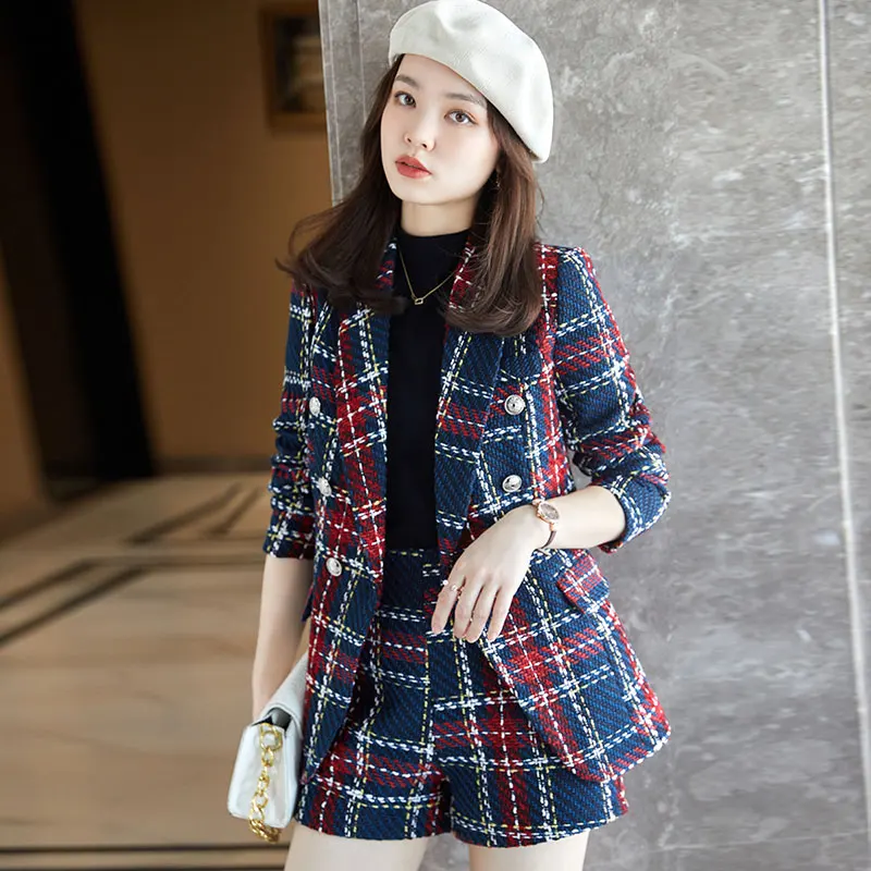 Women Elegant Formal Occasion Party Suit Blazer Jacke Coat+Short Two Piece Set Outfit Winter Jacquard Work Tweed England Clothes