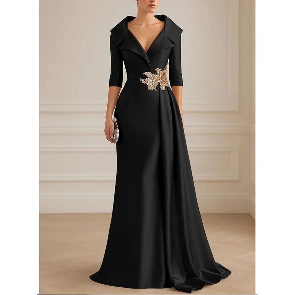 

Black Formal Evening Dress Shirt Collar A Line Floor Length Half Sleeves Evening Gown Pleated Soft Satin Prom Dresses Customized